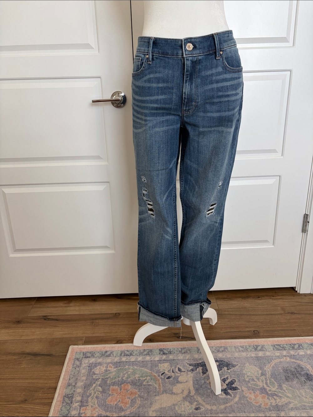 White House Black Market Distressed Boyfriend Jeans in Mid Blue